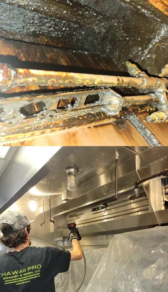 After inspecting kitchen exhaust hoods at a restaurant in Honolulu, a Hawaii Exhaust Pro & Wash technicians degrease and clean restaurant hoods.